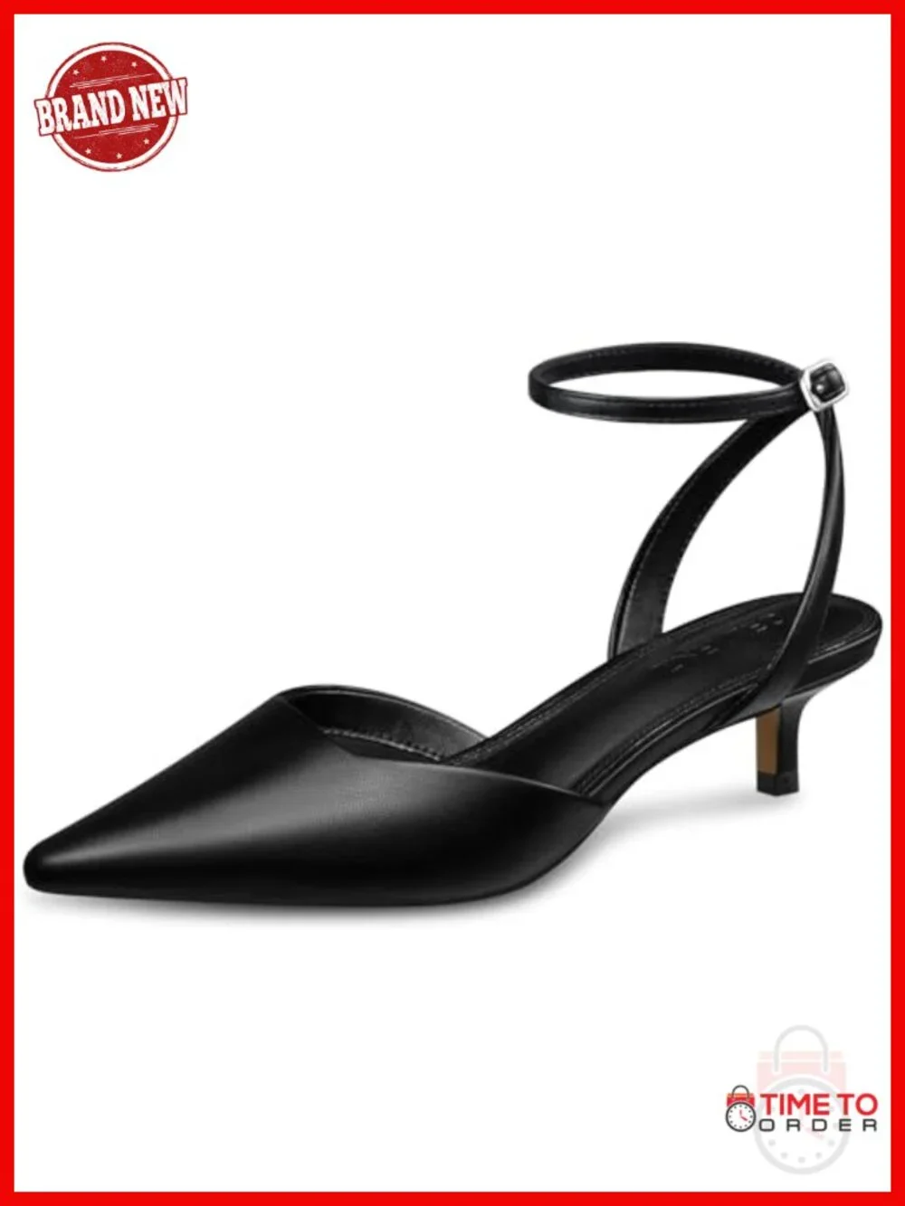 Women Low Kitten Heel Pumps 2 Inch Closed Toe Faux Leather Comfort Ankle Strap